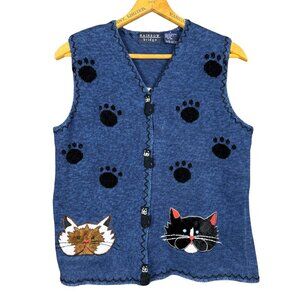 Vintage 90s Cat Knit Sweater Vest Small Rainbow Bridge Blue Sleeveless